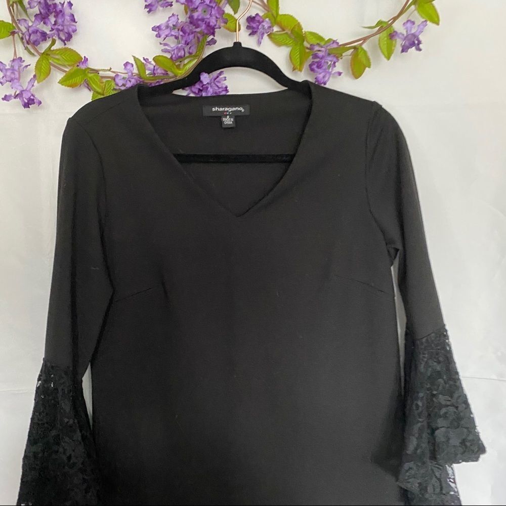 Sharango Black V-neck shift dress with lace sleeve